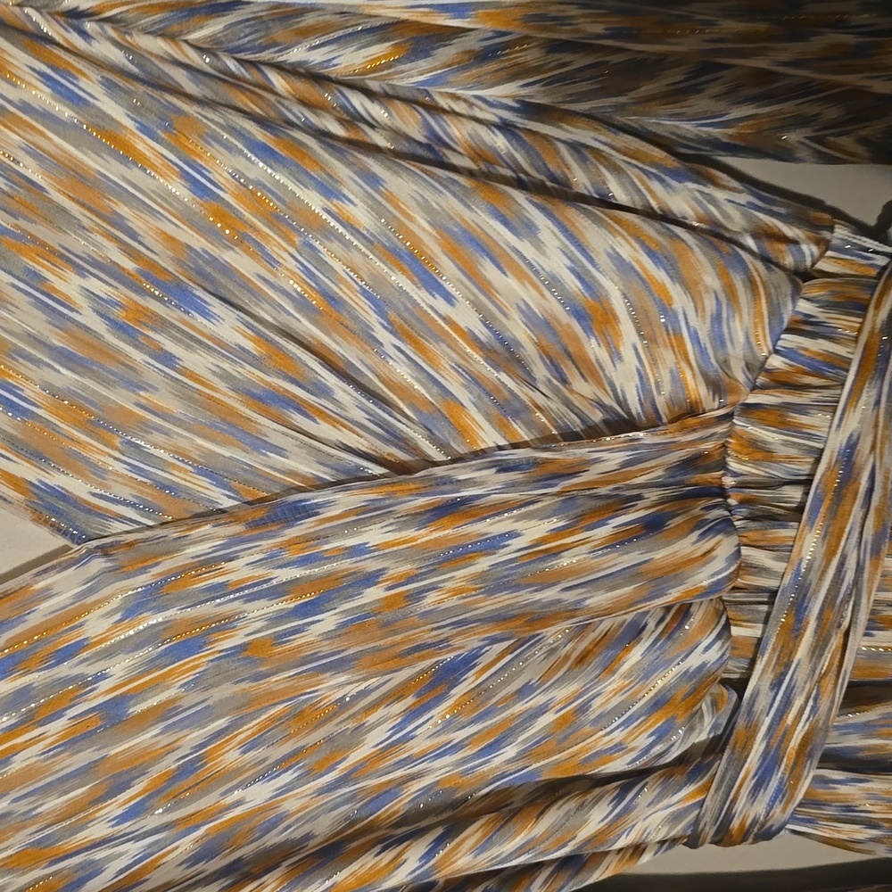 Adrienne V-Neck Long Sleeve Maxi Dress with Belted Waist in Tan & Brown Print M - Picture 3 of 5